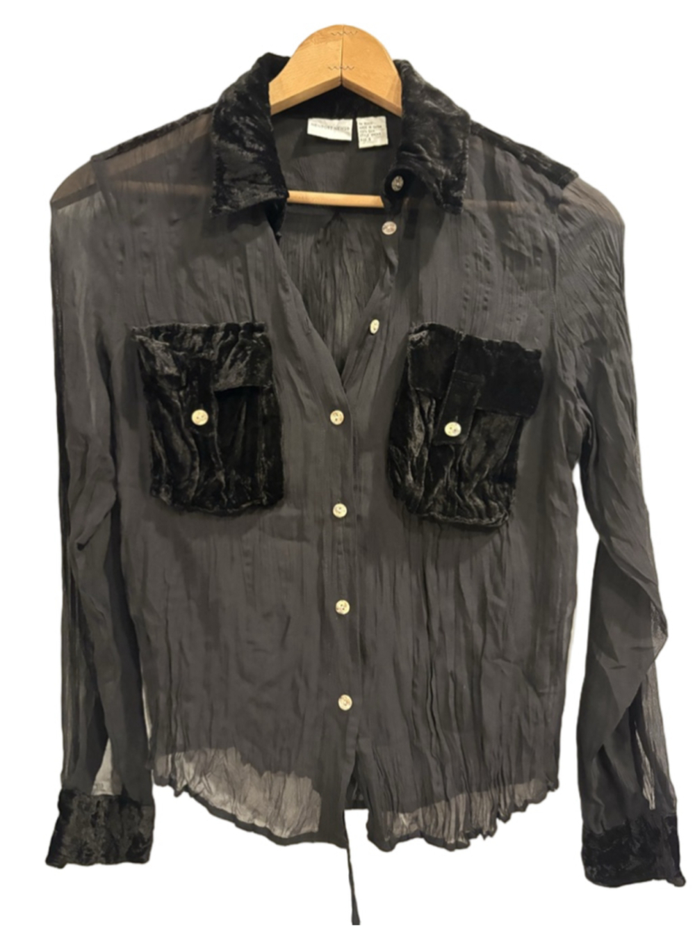 VTG Vintage 90s Newport News Black Silk Chiffon Sheer Velvet Pocket Blouse